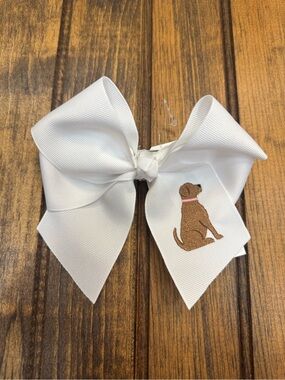 White Pet Bow with Embroidered Brown Dog Detail